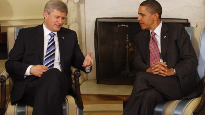 Former President Barack Obama meeting with Former Canadian Prime Minister Stephen Harper in the Oval Office in 2009.
