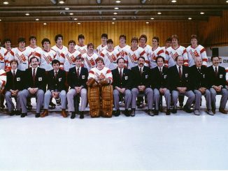 The 1983 Canadian national junior hockey team that competed in the world championship in then-Leningrad. Sherwood Bassin is seated front row center, to the right of the goalie. (Courtesy/Hockey Canada)