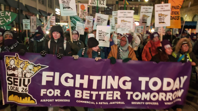 Thousands of Minneapolis cleaning workers walked off their jobs and struck their downtown commercial high-rises. Among their key demands was that their employers take action on climate change. Quite possibly the first union sanctioned strike in the U.S. for climate protection demands. (Photo: SEIU Local 26)